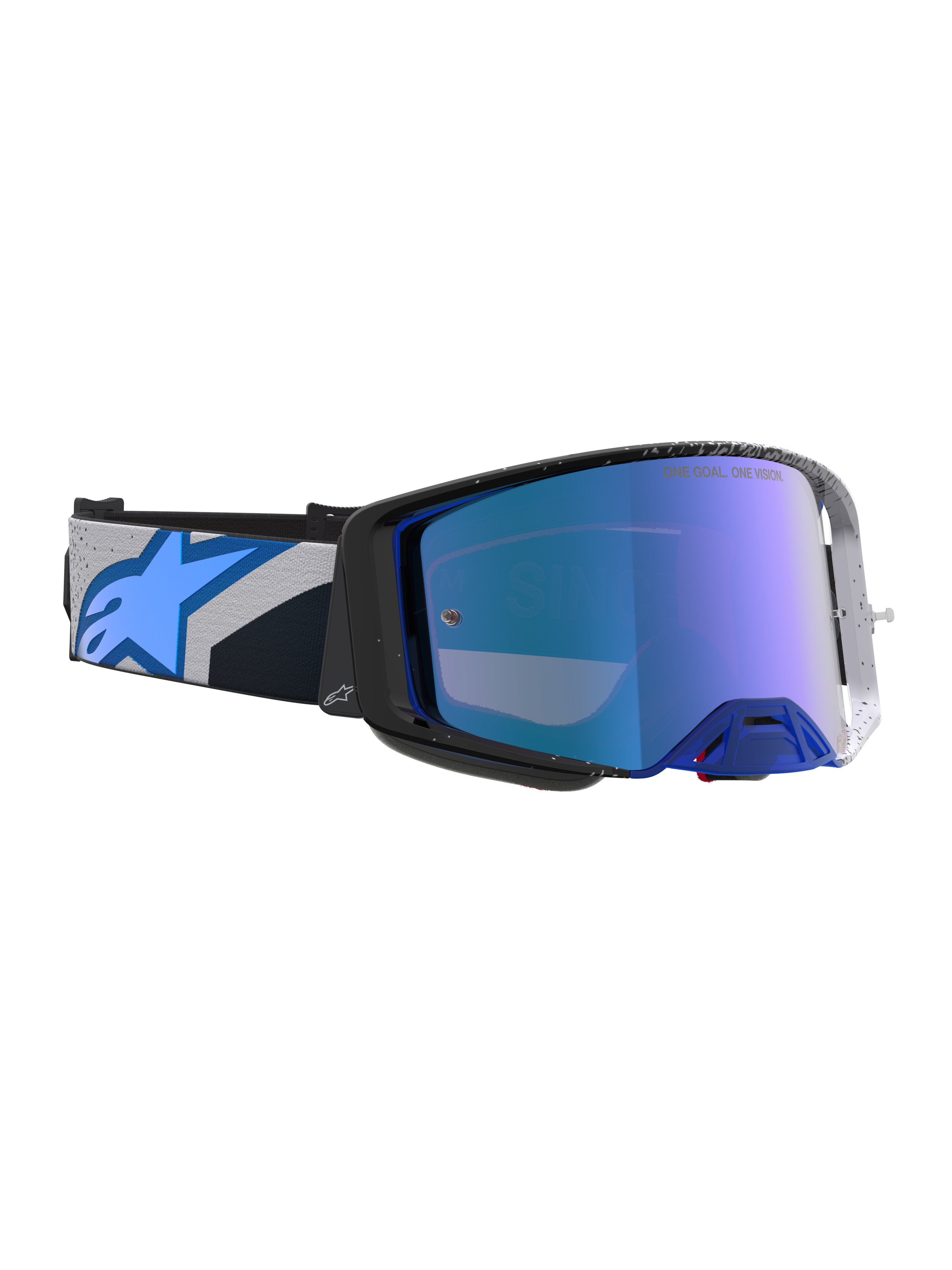 Alpinestars Supertech Hiten, gafas de motocross y off-road, negro y azul blithe, lente de espejo azul de alta claridad, diseño ergonómico con correa ajustable