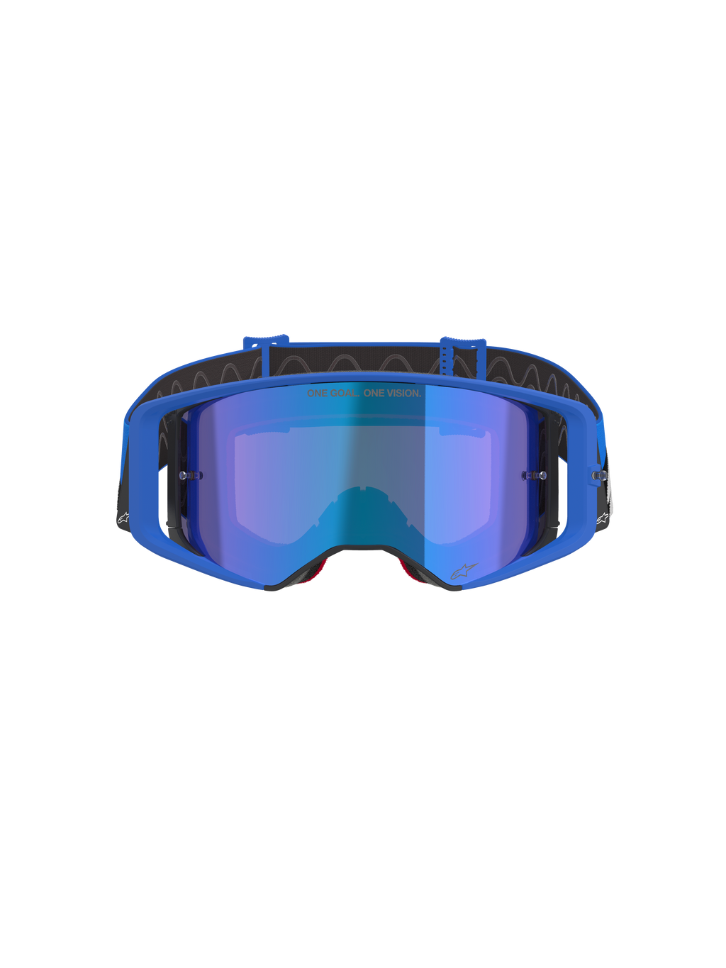 Alpinestars Supertech Stream Goggles, Motocross Goggles, Blue Mirror lens with Blue frame, front-facing view, black strap with white logo, featuring 'ONE GOAL... ONE VISION.' text on the lens, high-performance off-road racing eyewear
