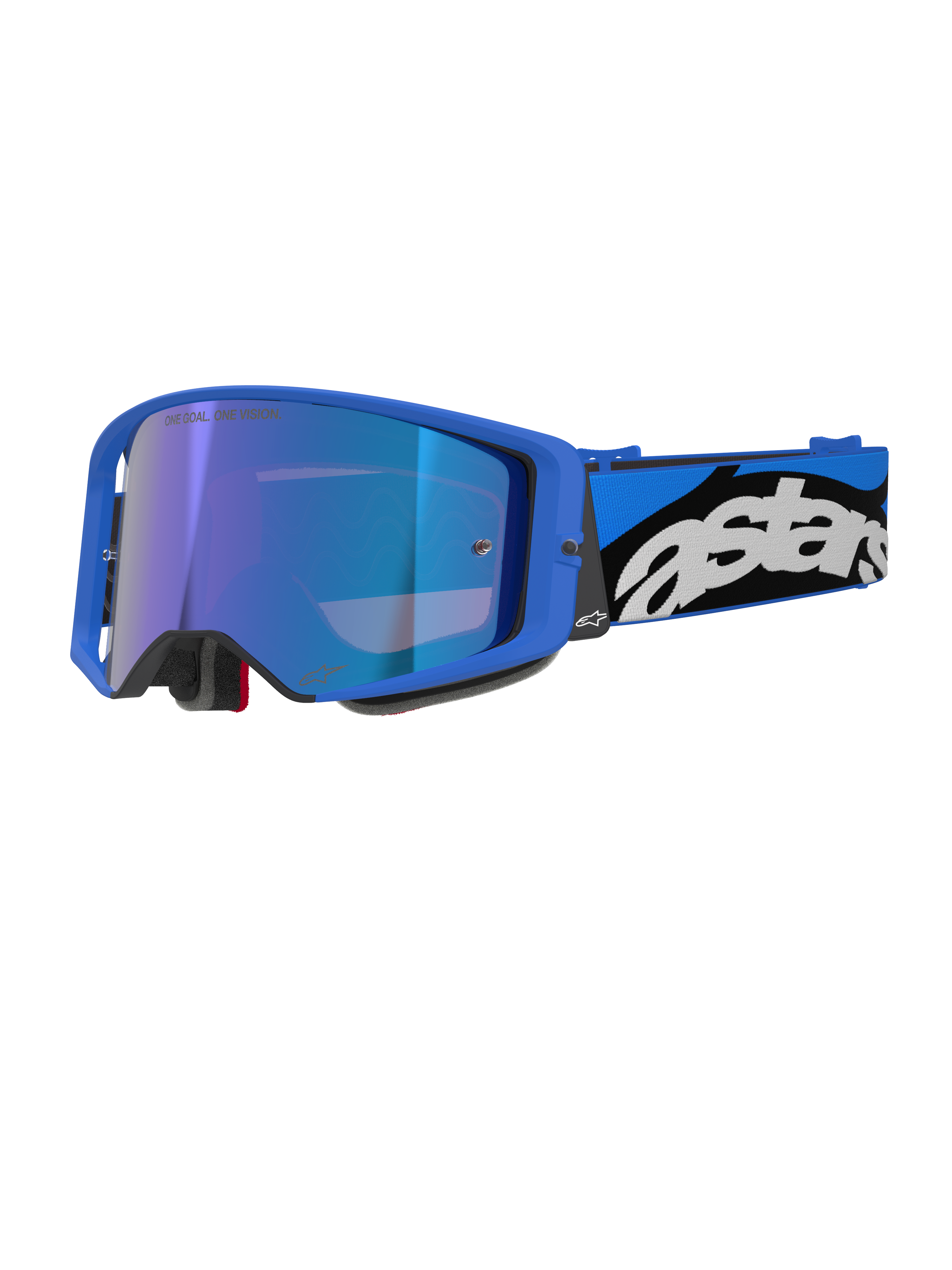 Alpinestars Supertech Stream Goggles, Motocross Off-road Goggles, Bright Blue Frame with Blue Mirror Lens, Wide Blue and Black Strap with White Astars Logo, Grey Foam Padding, Professional Racing Equipment