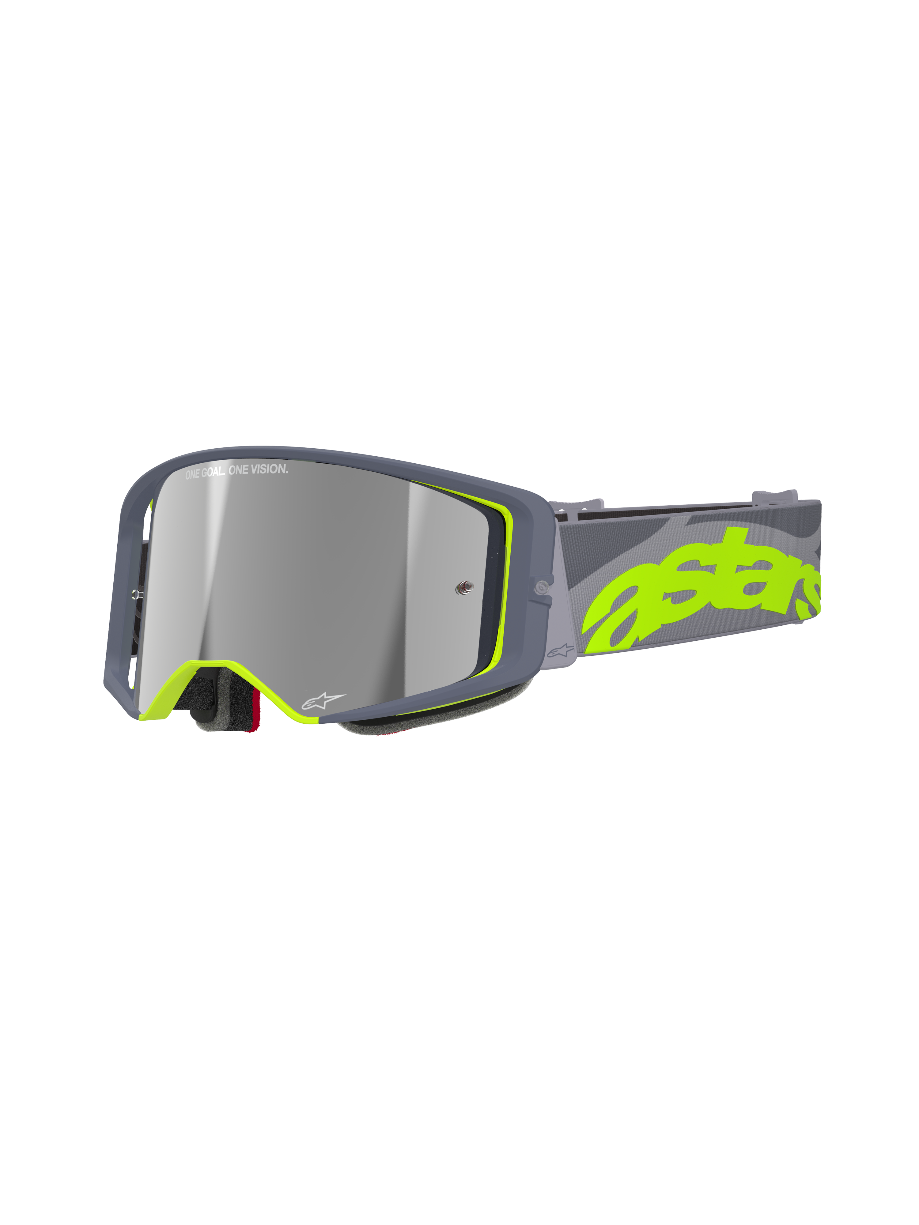 Alpinestars Supertech Stream Goggles, Motocross MX Racing Goggles, Gray and Fluorescent Yellow, featuring a Mirror Silver reflective lens, wide angular frame with foam padding, and adjustable strap with bold neon branding.
