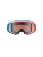 Alpinestars Supertech Stream Goggles, Motocross Goggles, vibrant multi-colored frame with blue, orange, and pink accents, Silver Mirror lens with 'ONE GOAL. ONE VISION.' text, white patterned strap, high-performance eye protection for off-road racing
