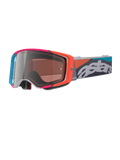 Alpinestars Supertech Stream Goggles, Gray frame with vibrant red and blue accents, Multi Mirror Silver lens, thick foam padding, adjustable strap with bold white 'astars' branding and colorful geometric patterns, professional motocross eye protection.
