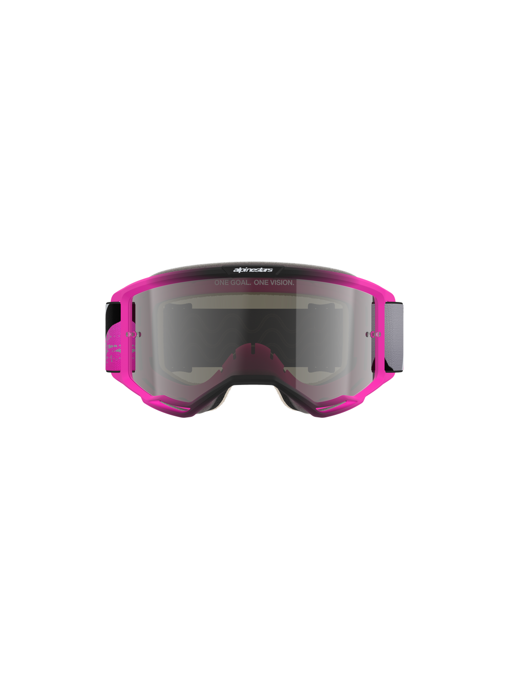 Gafas Alpinestars Vision 5 Lahnd, gafas de motocross, Iron Pink Fluo con lente Mirror Silver, montura rosa brillante con lente de espejo plateada, incluye el texto 'ONE GOAL. ONE VISION.', diseño aerodinámico para carreras off-road