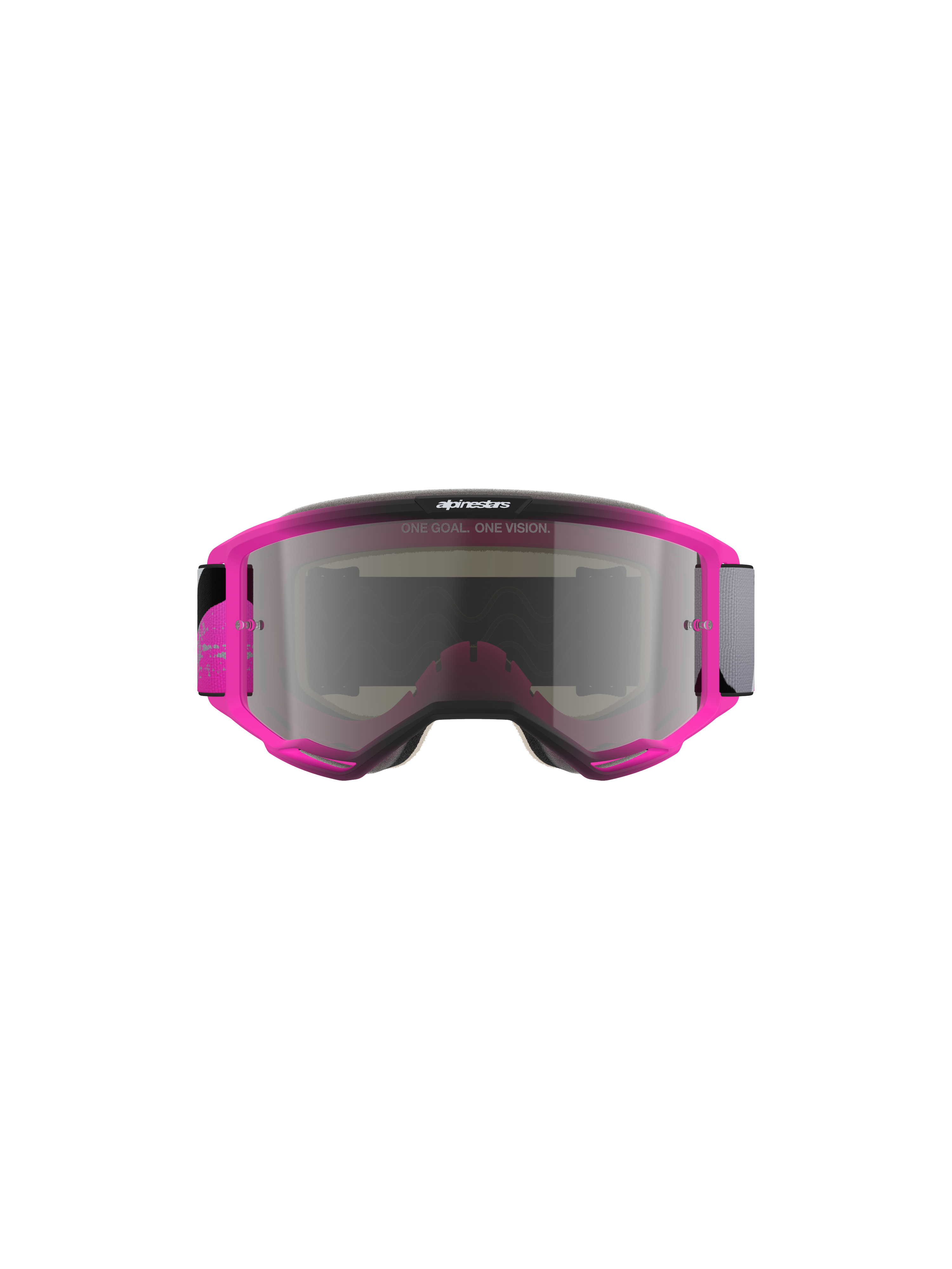 Gafas Alpinestars Vision 5 Lahnd, gafas de motocross, Iron Pink Fluo con lente Mirror Silver, montura rosa brillante con lente de espejo plateada, incluye el texto 'ONE GOAL. ONE VISION.', diseño aerodinámico para carreras off-road