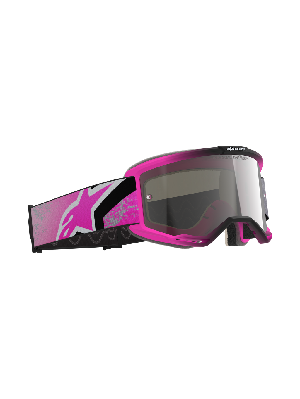 Gafas Alpinestars Vision 5 Lahnd, gafas de motocross, Iron Pink Fluo y Mirror Silver, montura rosa brillante con lente plateada de espejo, correa ancha rosa y negra con el logotipo de Astars en rosa, gafas para carreras off-road