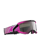 Gafas Alpinestars Vision 5 Lahnd, gafas de motocross, Iron Pink Fluo y Mirror Silver, montura rosa brillante con lente plateada de espejo, correa ancha rosa y negra con el logotipo de Astars en rosa, gafas para carreras off-road