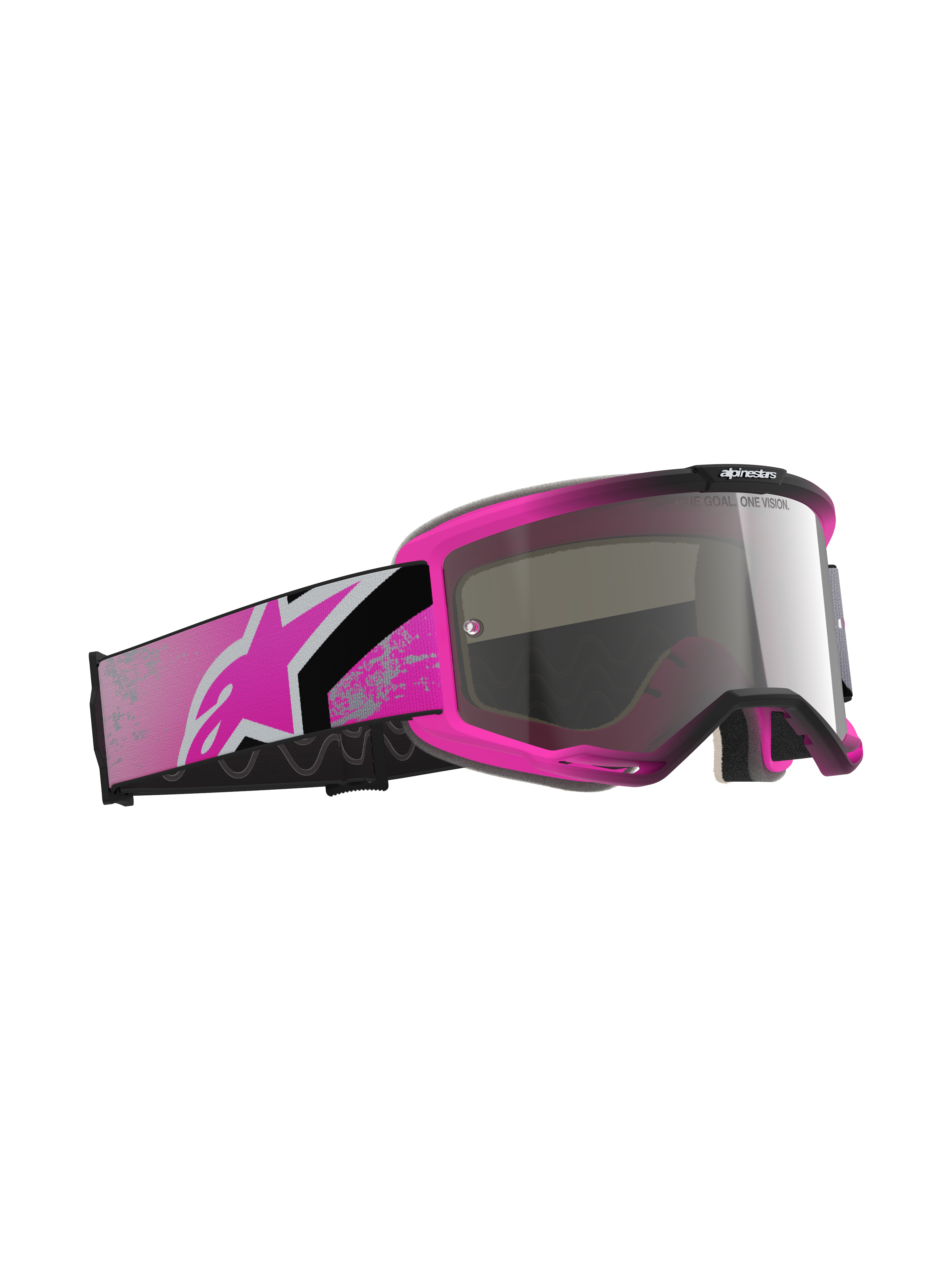 Gafas Alpinestars Vision 5 Lahnd, gafas de motocross, Iron Pink Fluo y Mirror Silver, montura rosa brillante con lente plateada de espejo, correa ancha rosa y negra con el logotipo de Astars en rosa, gafas para carreras off-road