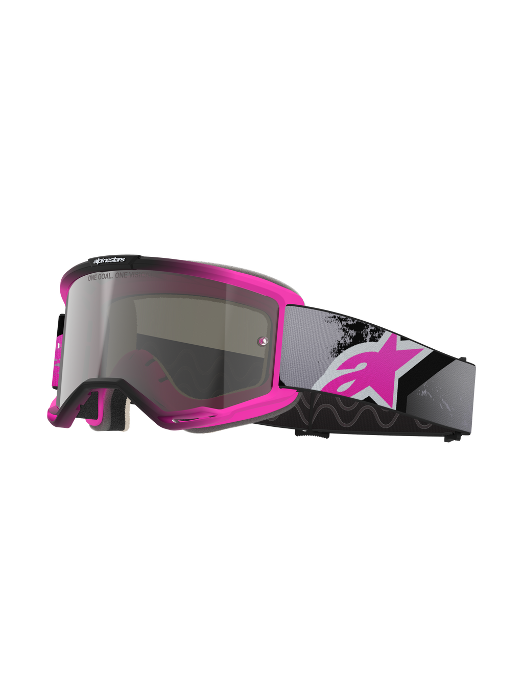 Gafas Alpinestars Vision 5 Lahnd, gafas de motocross, rosa flúor y negro, lente con tinte plateado de espejo y texto 'One Goal One Vision', correa ajustable gris con logotipo rosa grande, montura de uretano ventilada para rendimiento off-road
