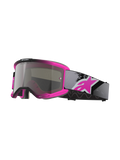 Gafas Alpinestars Vision 5 Lahnd, gafas de motocross, rosa flúor y negro, lente con tinte plateado de espejo y texto 'One Goal One Vision', correa ajustable gris con logotipo rosa grande, montura de uretano ventilada para rendimiento off-road