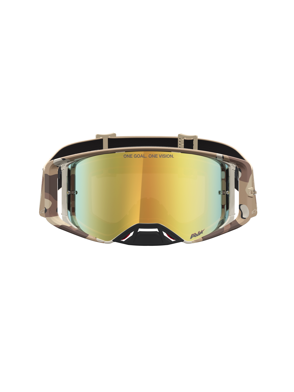 Alpinestars Supertech Lone Motocross Goggles in Camo Desert with a Gold Mirror lens, designed for elite racing performance.