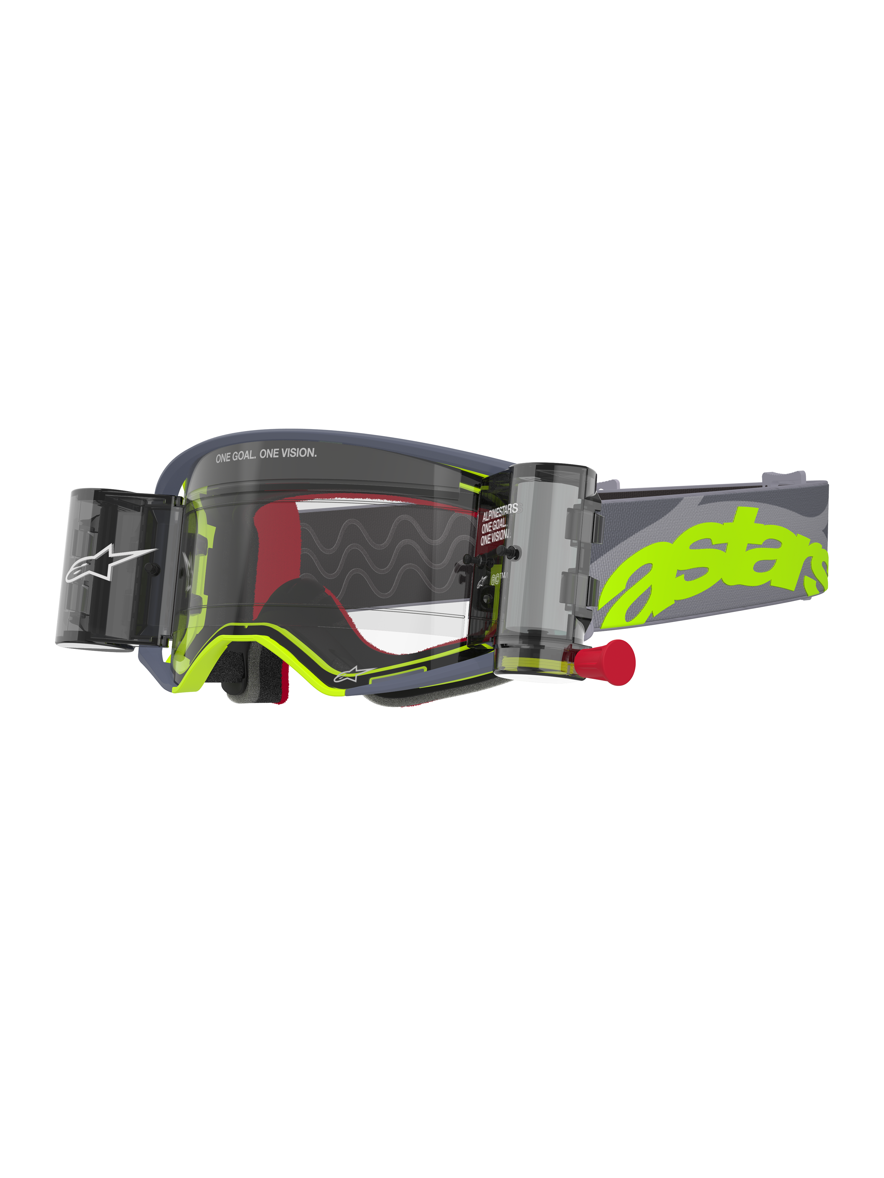 Alpinestars Supertech Stream Goggles, Motocross Goggles, Grey and Fluo Yellow, featuring a clear lens with an integrated Wide Vision Roll-Off system, canisters on either side with a red pull knob, wavy silicone glide lines, adjustable grey strap with large neon yellow astars logo, high-performance eye protection for off-road racing
