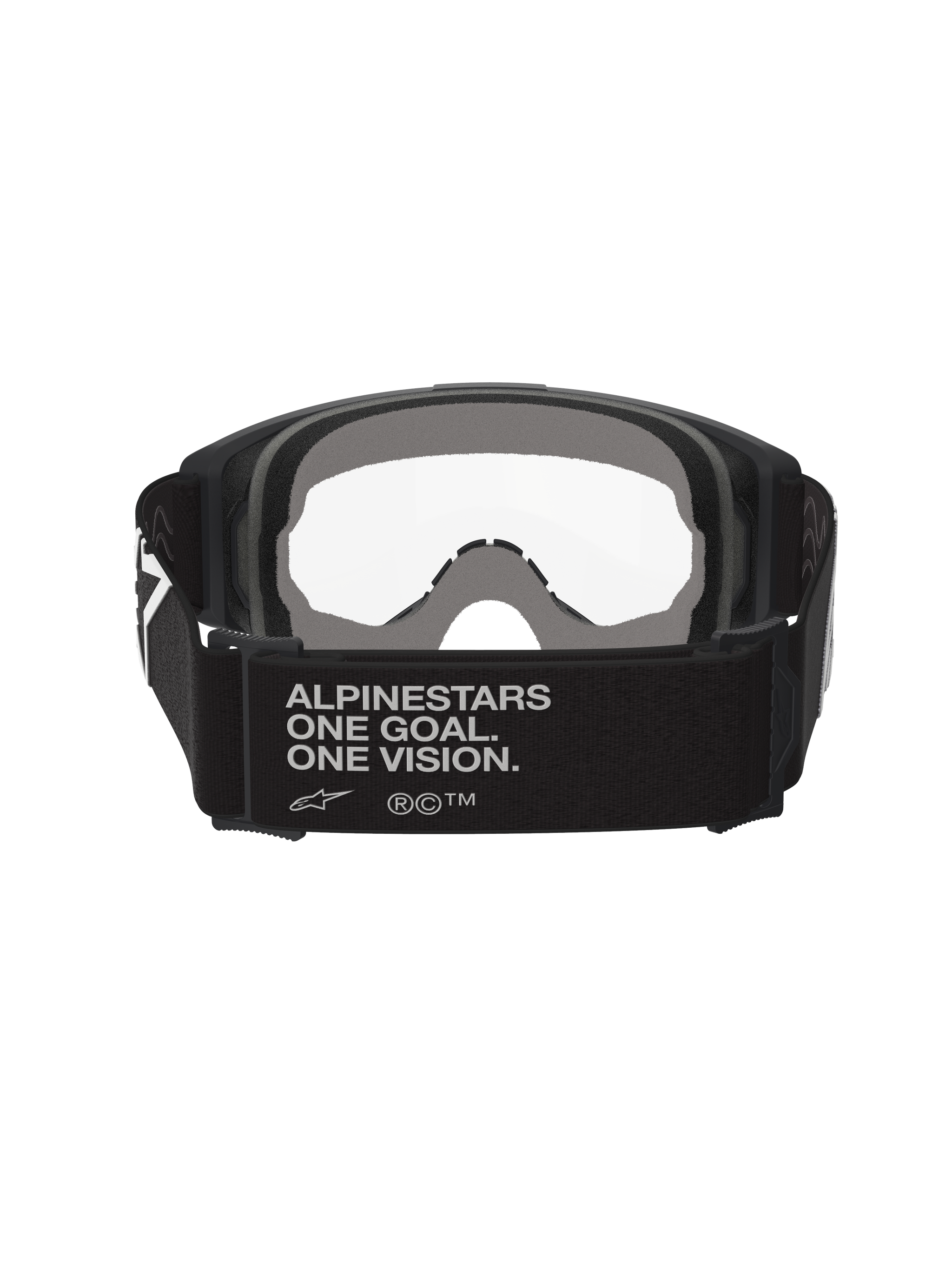 Alpinestars Vision Goggles OTG, gafas de motocross, negro y gris, vista posterior que muestra una correa ancha de tejido negro con el eslogan de la marca, espuma facial gris de varias capas, lente transparente, diseñadas para ajustarse sobre las gafas graduadas