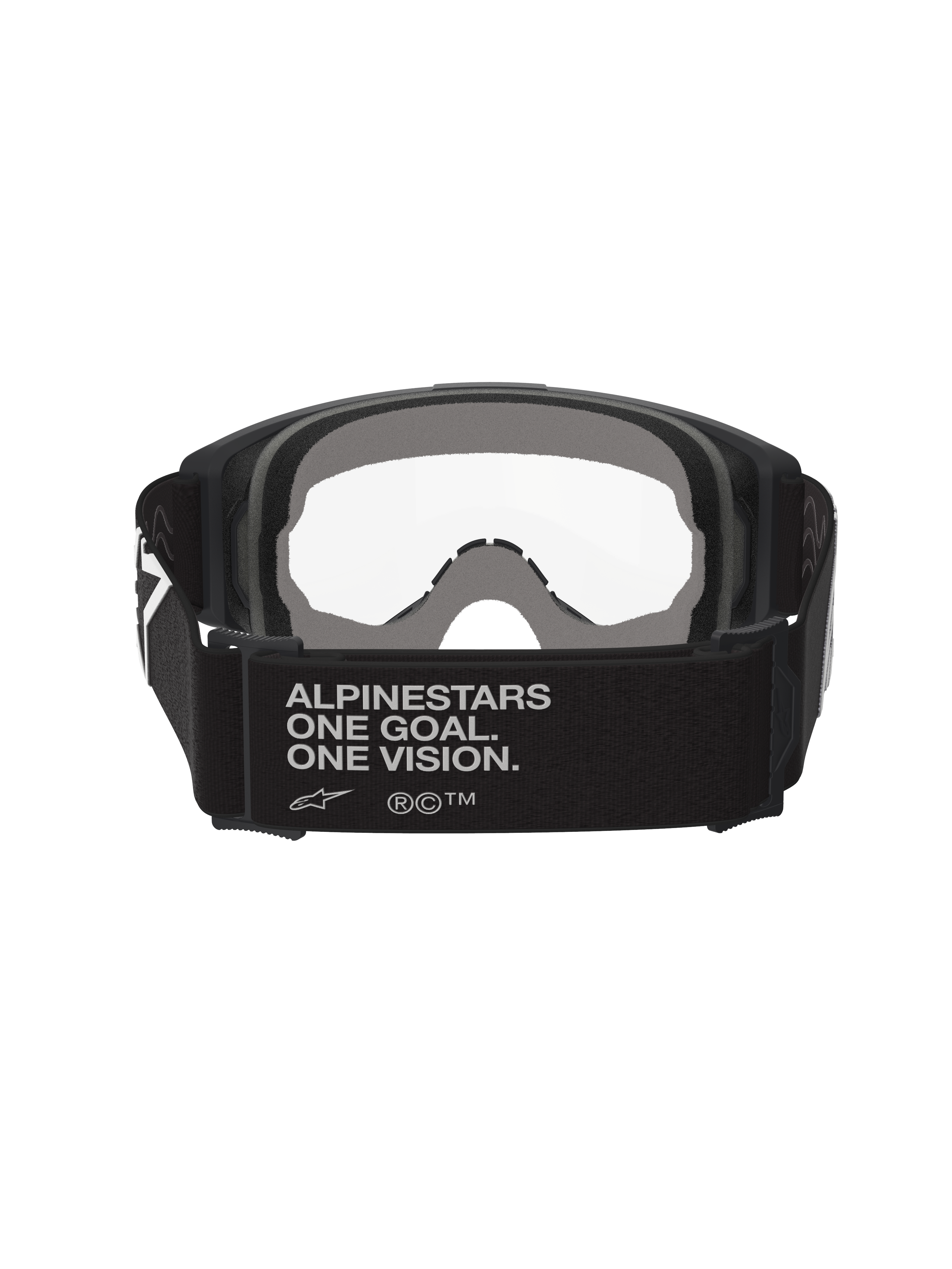 Alpinestars Vision Goggles OTG, Motocross Goggles, Black and Grey, rear view showing wide black woven strap with brand slogan, multi-layer grey face foam, clear lens, designed for over-the-glasses fit