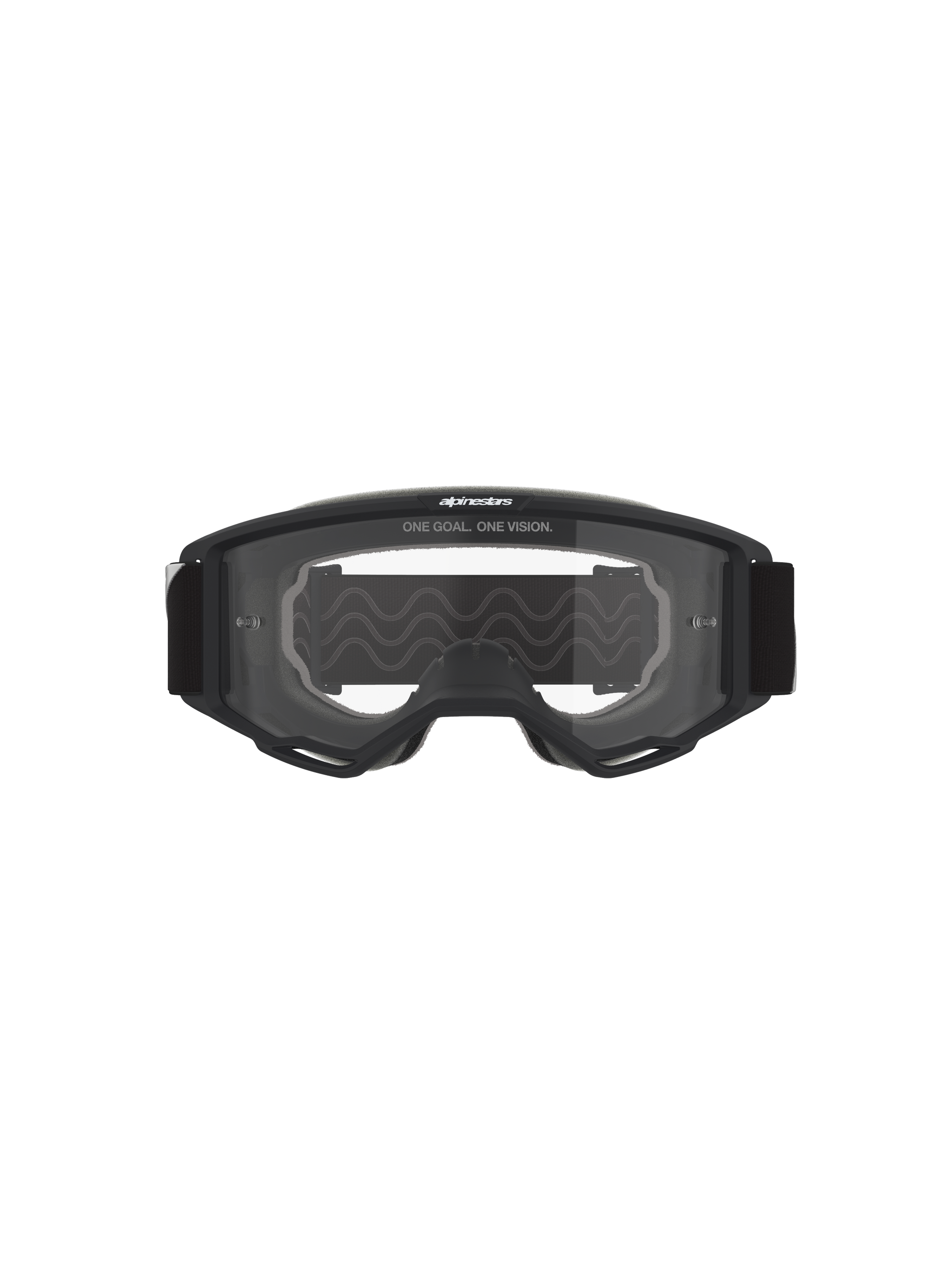 Gafas Alpinestars Vision OTG, gafas de motocross, montura negra con lente transparente, vista frontal con el texto 'ONE GOAL. ONE VISION.' y el logotipo de la marca, estructura de volumen profundo compatible con gafas graduadas