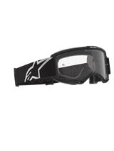 Alpinestars Vision Goggles OTG, gafas de motocross, negro y gris con lente transparente, montura negra con correa ancha con el logotipo de Alpinestars en blanco y patrón de tracción de silicona gris, montura de gran volumen diseñada para gafas graduadas, lente antivaho con detalles de la marca.