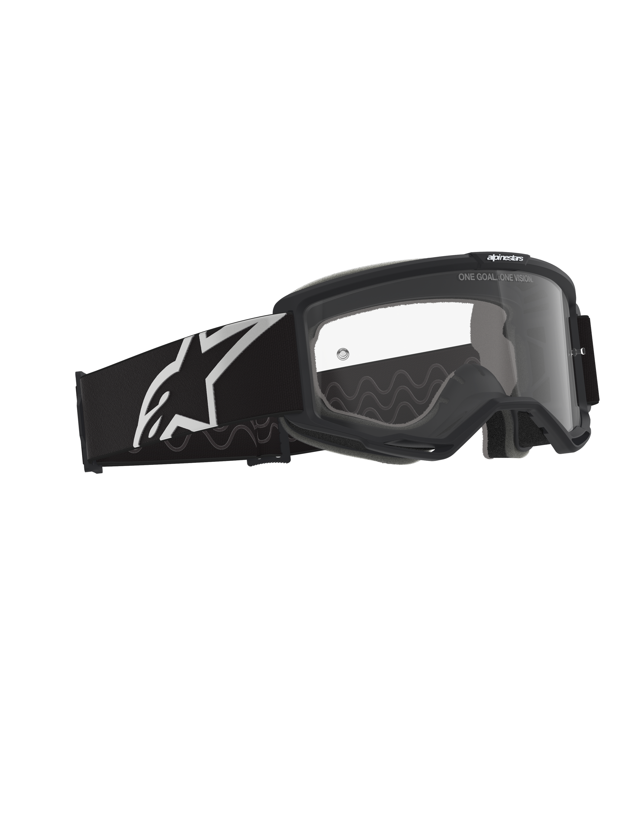 Alpinestars Vision Goggles OTG, gafas de motocross, negro y gris con lente transparente, montura negra con correa ancha con el logotipo de Alpinestars en blanco y patrón de tracción de silicona gris, montura de gran volumen diseñada para gafas graduadas, lente antivaho con detalles de la marca.