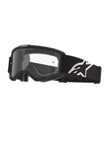 Alpinestars Vision Goggles OTG, gafas de motocross, negras y grises con lente transparente, correa ancha de tejido negro con el logotipo de Alpinestars en blanco, montura de gran volumen diseñada para gafas graduadas, protección ocular para conducción off-road