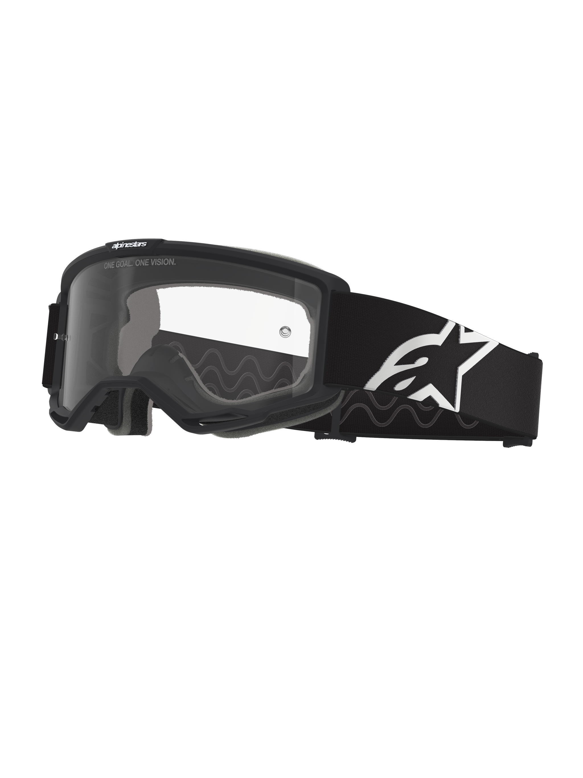 Alpinestars Vision Goggles OTG, gafas de motocross, negras y grises con lente transparente, correa ancha de tejido negro con el logotipo de Alpinestars en blanco, montura de gran volumen diseñada para gafas graduadas, protección ocular para conducción off-road