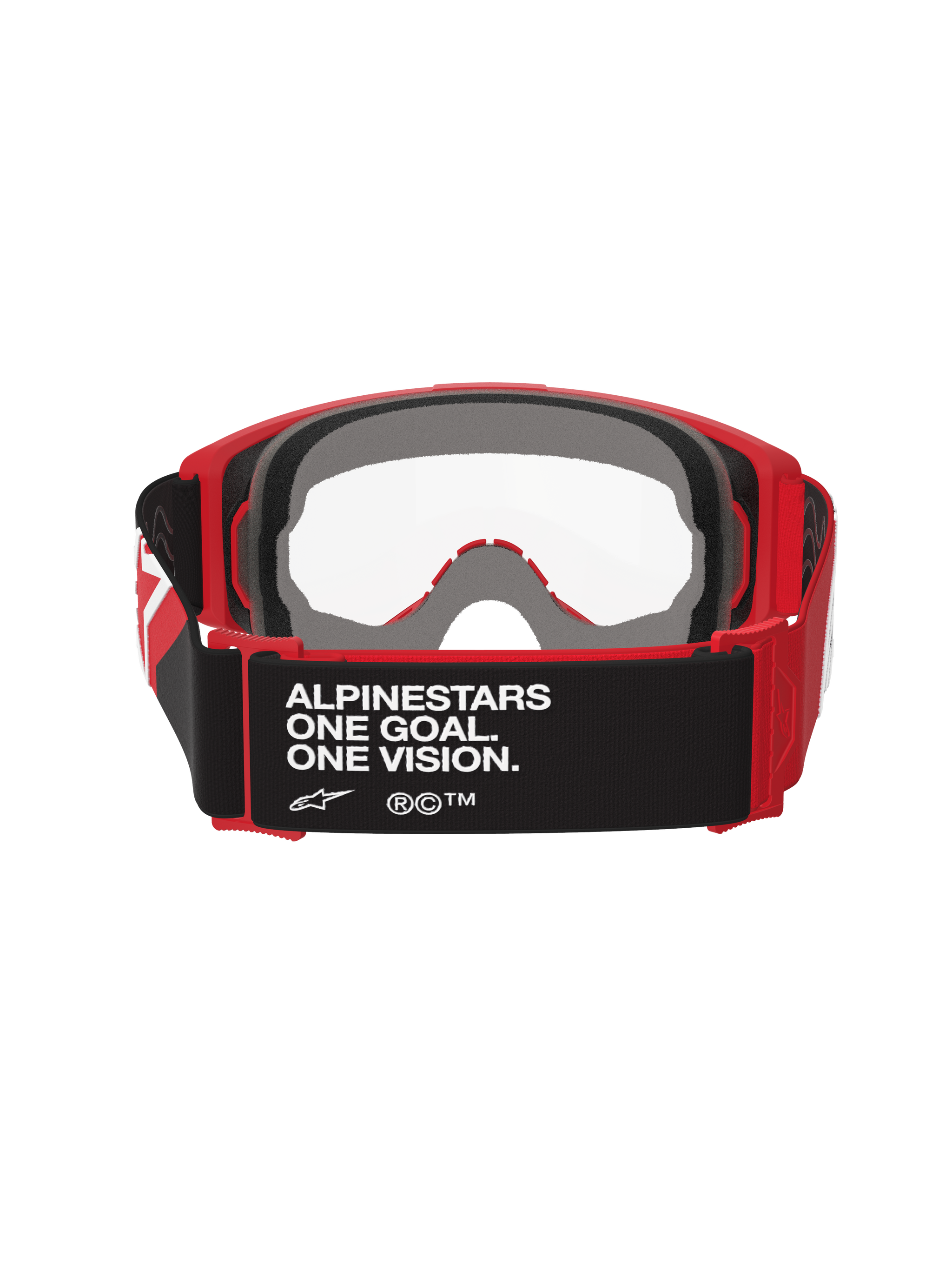 Alpinestars Vision Goggles OTG, gafas de motocross, rojas y negras con lente transparente, vista trasera que muestra la correa negra con el texto 'ALPINESTARS ONE GOAL. ONE VISION.', espuma facial gruesa de varias capas y montura roja flexible para un ajuste sobre gafas graduadas