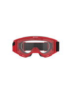 Alpinestars Vision Goggles OTG, Motocross Goggles, Red frame with clear anti-fog lens, front view featuring 'ONE GOAL. ONE VISION.' slogan, wide black strap, high-performance eye protection for off-road racing