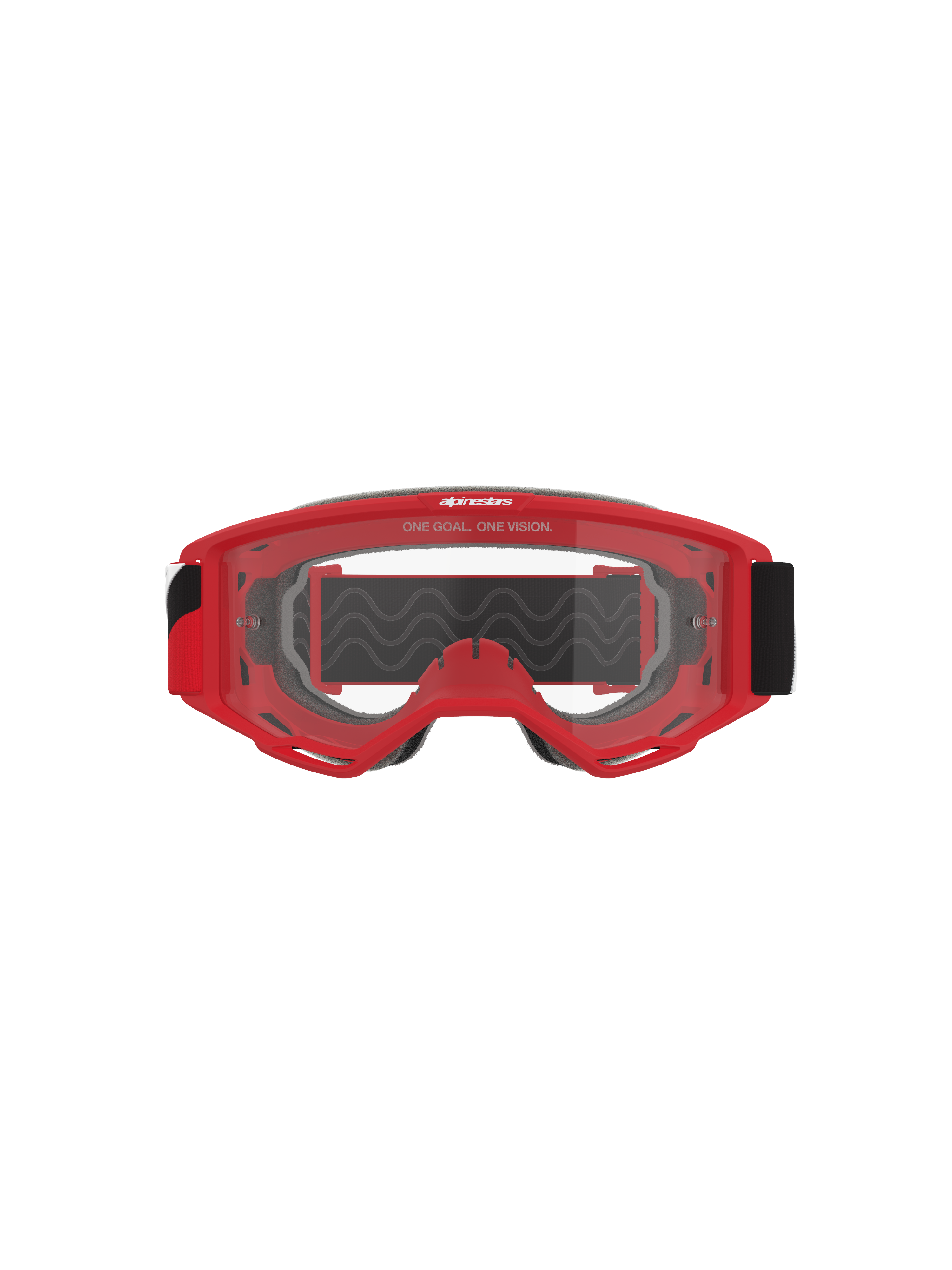 Alpinestars Vision Goggles OTG, Motocross Goggles, Red frame with clear anti-fog lens, front view featuring 'ONE GOAL. ONE VISION.' slogan, wide black strap, high-performance eye protection for off-road racing
