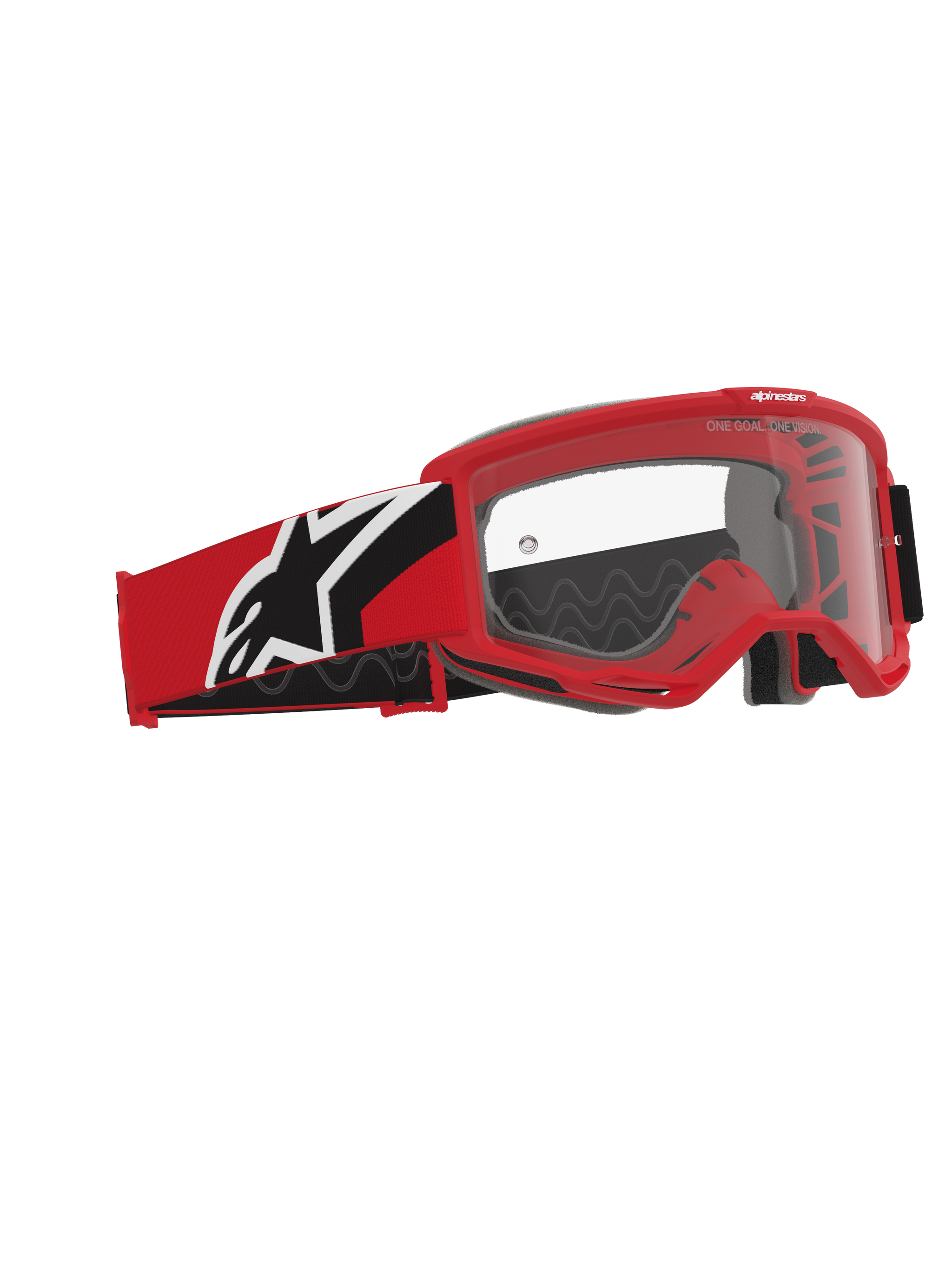 Alpinestars Vision Goggles OTG, gafas de motocross, rojo, negro y blanco, lente de policarbonato transparente, montura de gran volumen diseñada para gafas graduadas, correa roja y negra con logotipo de Alpinestars en blanco