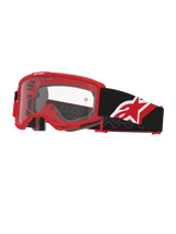 Alpinestars Vision Goggles OTG, gafas de motocross, rojas, negras y blancas con lente transparente, diseño para usar sobre gafas con montura roja de gran volumen, correa negra ancha con logo de estrella en rojo y blanco, ventilación de alto flujo de aire para carreras off-road