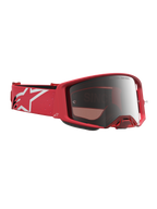 Alpinestars Supertech Vesta, gafas de motocross, rojo fluorescente y plateado espejo, correa con logo de estrella blanca.