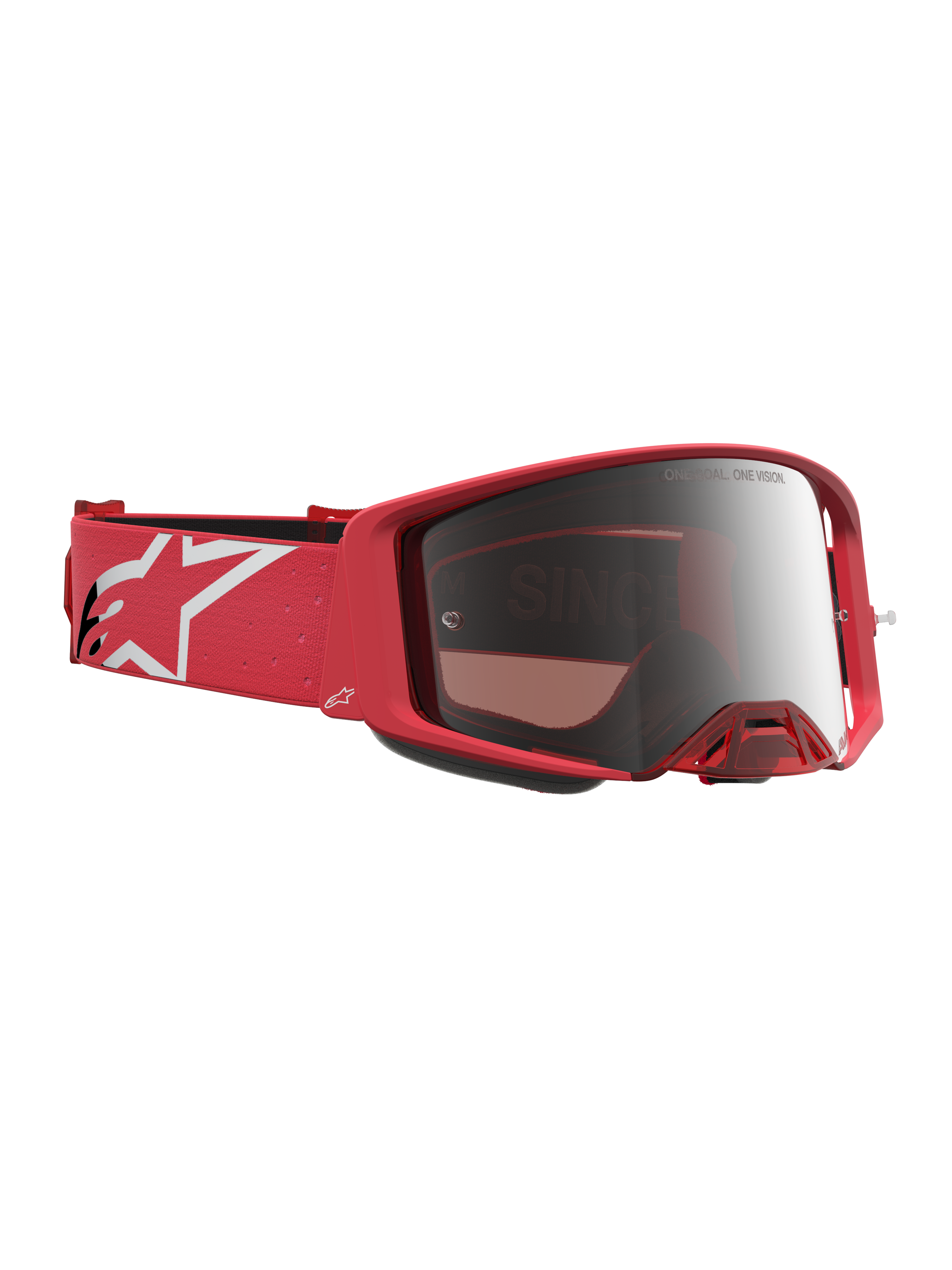 Alpinestars Supertech Vesta, gafas de motocross, rojo fluorescente y plateado espejo, correa con logo de estrella blanca.