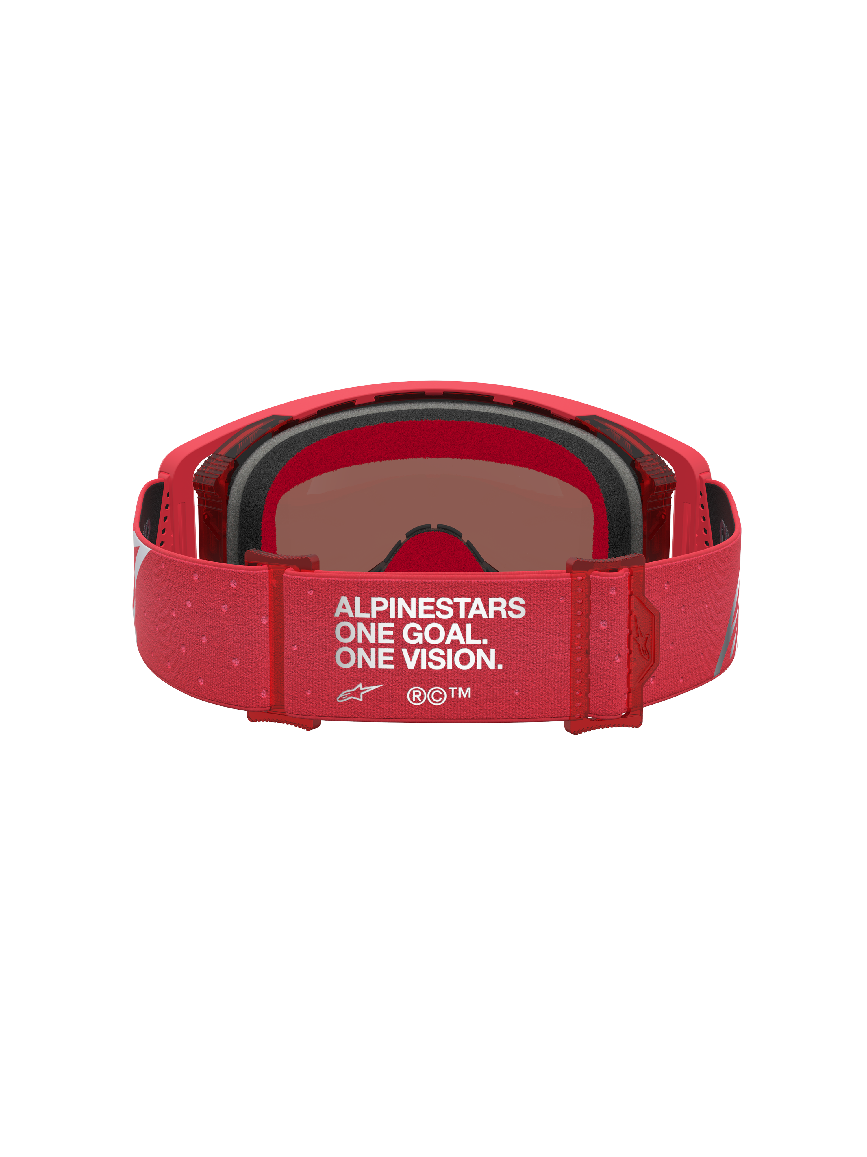 Gafas Alpinestars Supertech Vesta de motocross, rojo flúor y plateado, correa ajustable con lema One Goal One Vision.