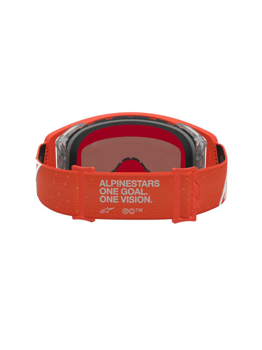 Alpinestars Gafas Supertech Vesta, gafas de motocross naranja para carreras off-road, vista trasera con detalle de la correa y espuma del marco interior