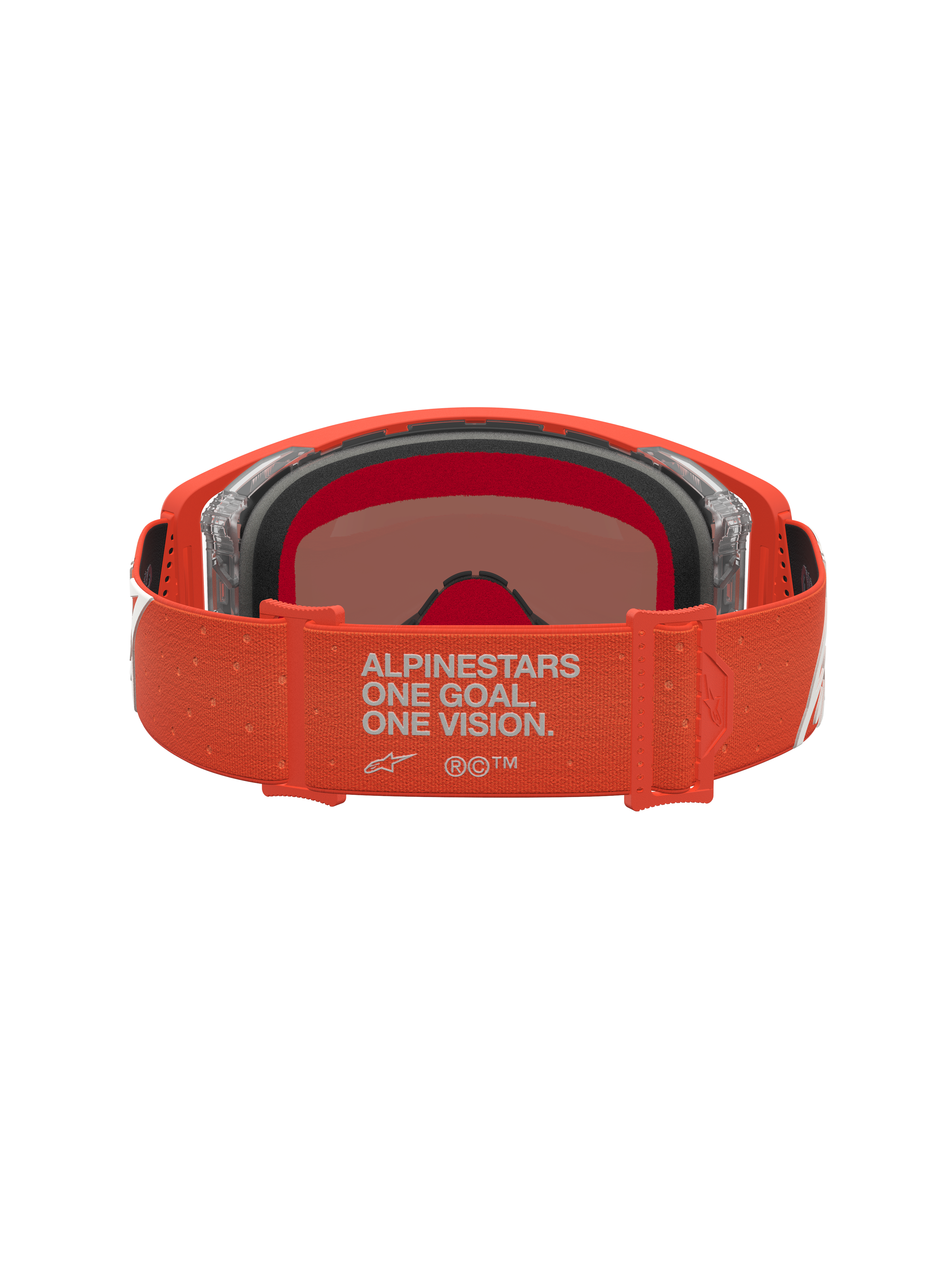 Alpinestars Gafas Supertech Vesta, gafas de motocross naranja para carreras off-road, vista trasera con detalle de la correa y espuma del marco interior