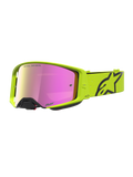 Gafas Alpinestars Supertech Vesta de motocross, amarillo flúor y negro, con lente de espejo rosa para conducción off-road.