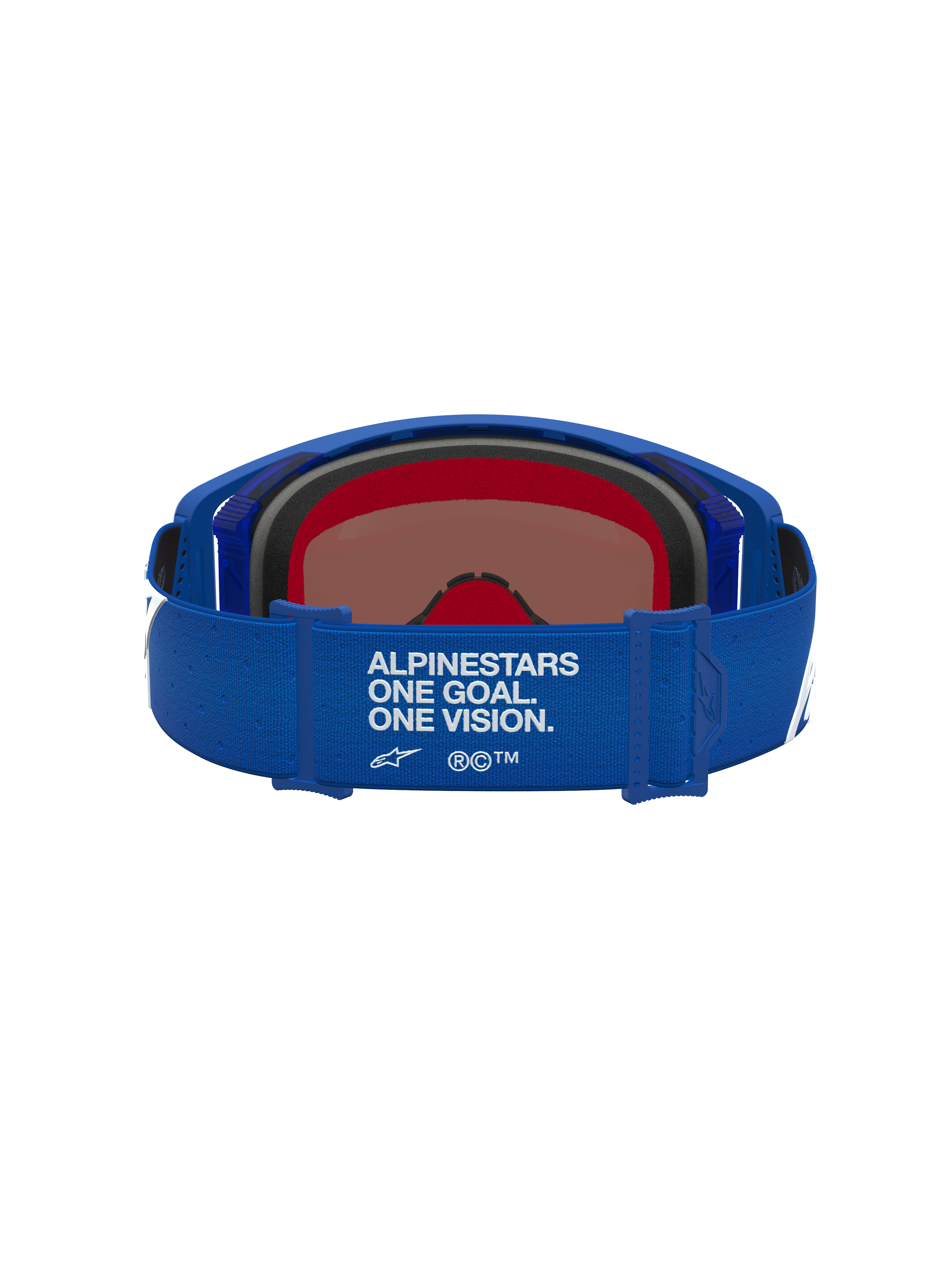 Alpinestars Supertech Vesta, gafas de motocross, azul y blanco, vista trasera con correa de marca y lente de espejo azul
