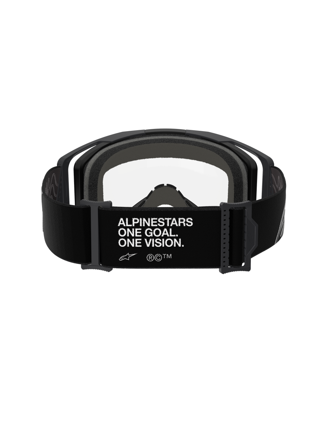 Gafas Alpinestars Vision 8 Corp, Black Clear, vista trasera con correa ajustable negra y texto blanco 'ALPINESTARS ONE GOAL. ONE VISION.', espuma facial gris de varias capas y lente de policarbonato transparente, gafas de motocross de alto rendimiento