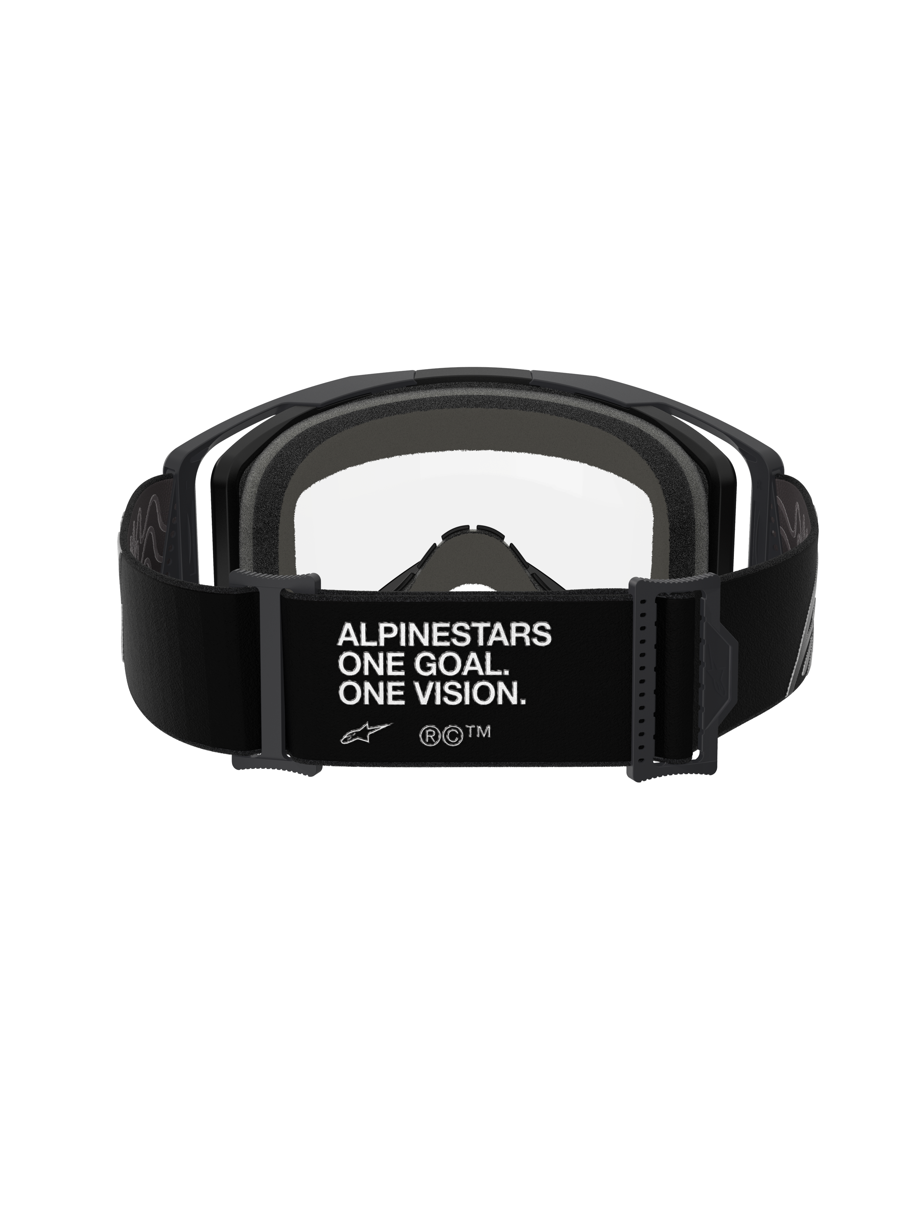 Gafas Alpinestars Vision 8 Corp, Black Clear, vista trasera con correa ajustable negra y texto blanco 'ALPINESTARS ONE GOAL. ONE VISION.', espuma facial gris de varias capas y lente de policarbonato transparente, gafas de motocross de alto rendimiento