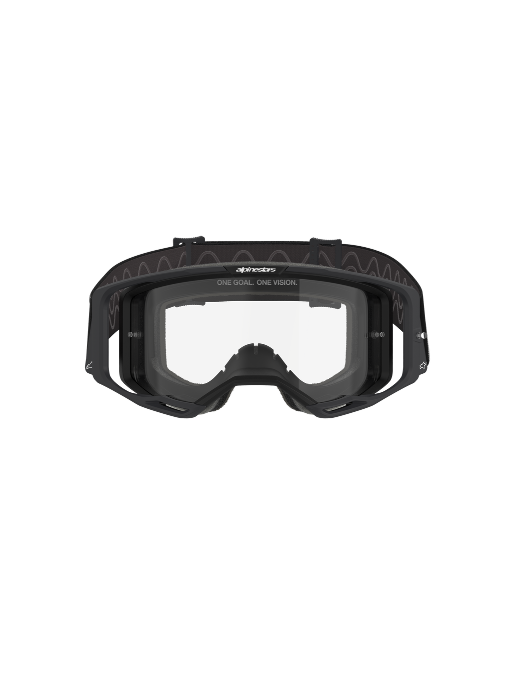 Gafas Alpinestars Vision 8 Corp, gafas de motocross, montura negra con lente transparente, vista frontal que muestra el diseño de visión amplia, soportes laterales integrados y correa tejida con la marca Alpinestars, protección ocular profesional para carreras todoterreno