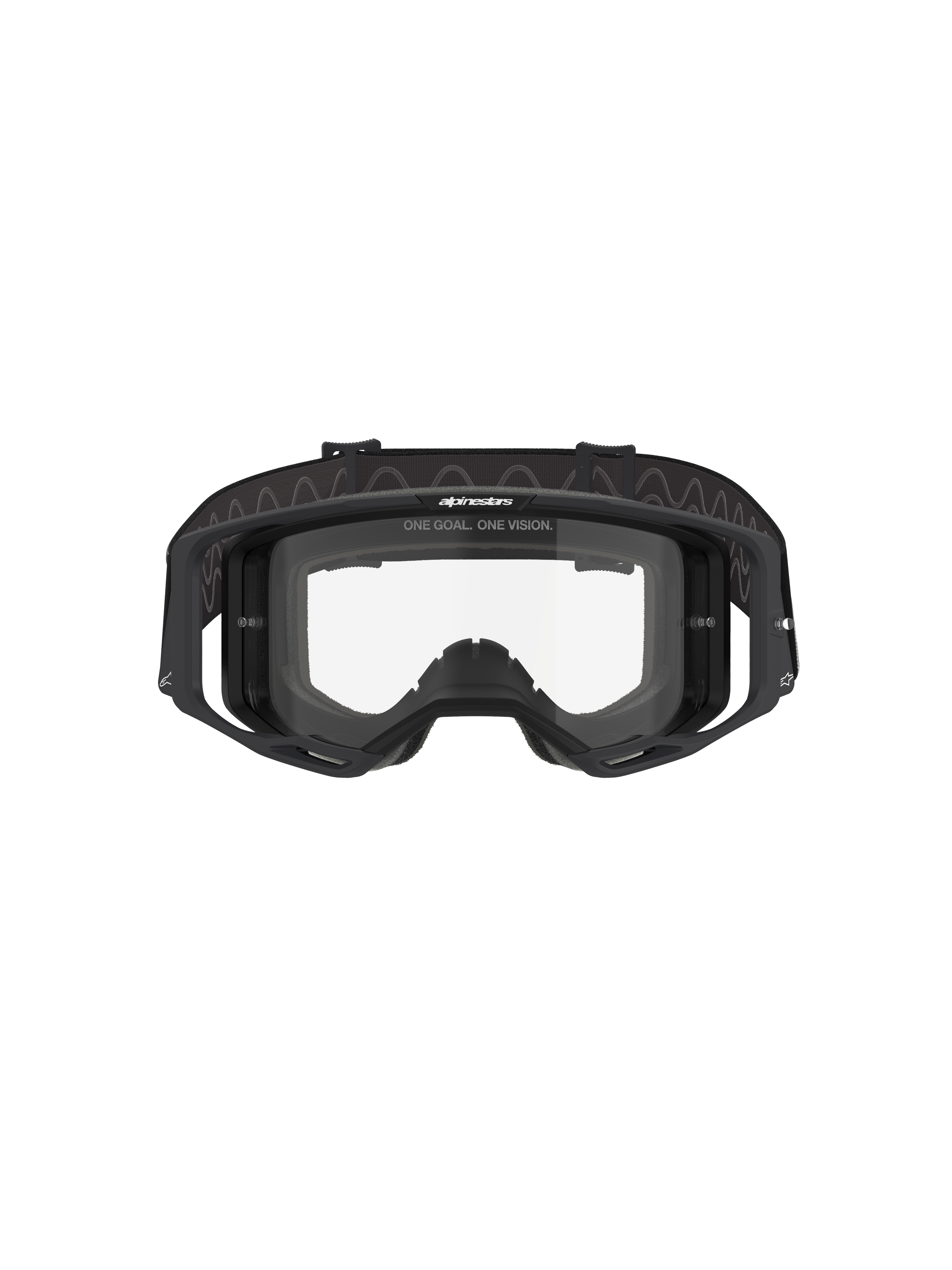 Gafas Alpinestars Vision 8 Corp, gafas de motocross, montura negra con lente transparente, vista frontal que muestra el diseño de visión amplia, soportes laterales integrados y correa tejida con la marca Alpinestars, protección ocular profesional para carreras todoterreno