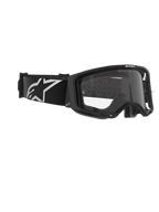 Gafas Alpinestars Vision 8 Corp, gafas de motocross, montura negra con lente transparente, correa ancha tejida en negro con el logotipo A-star en blanco, protección ocular transparente con el texto 'ONE GOAL. ONE VISION.', diseño de competición profesional para rendimiento off-road