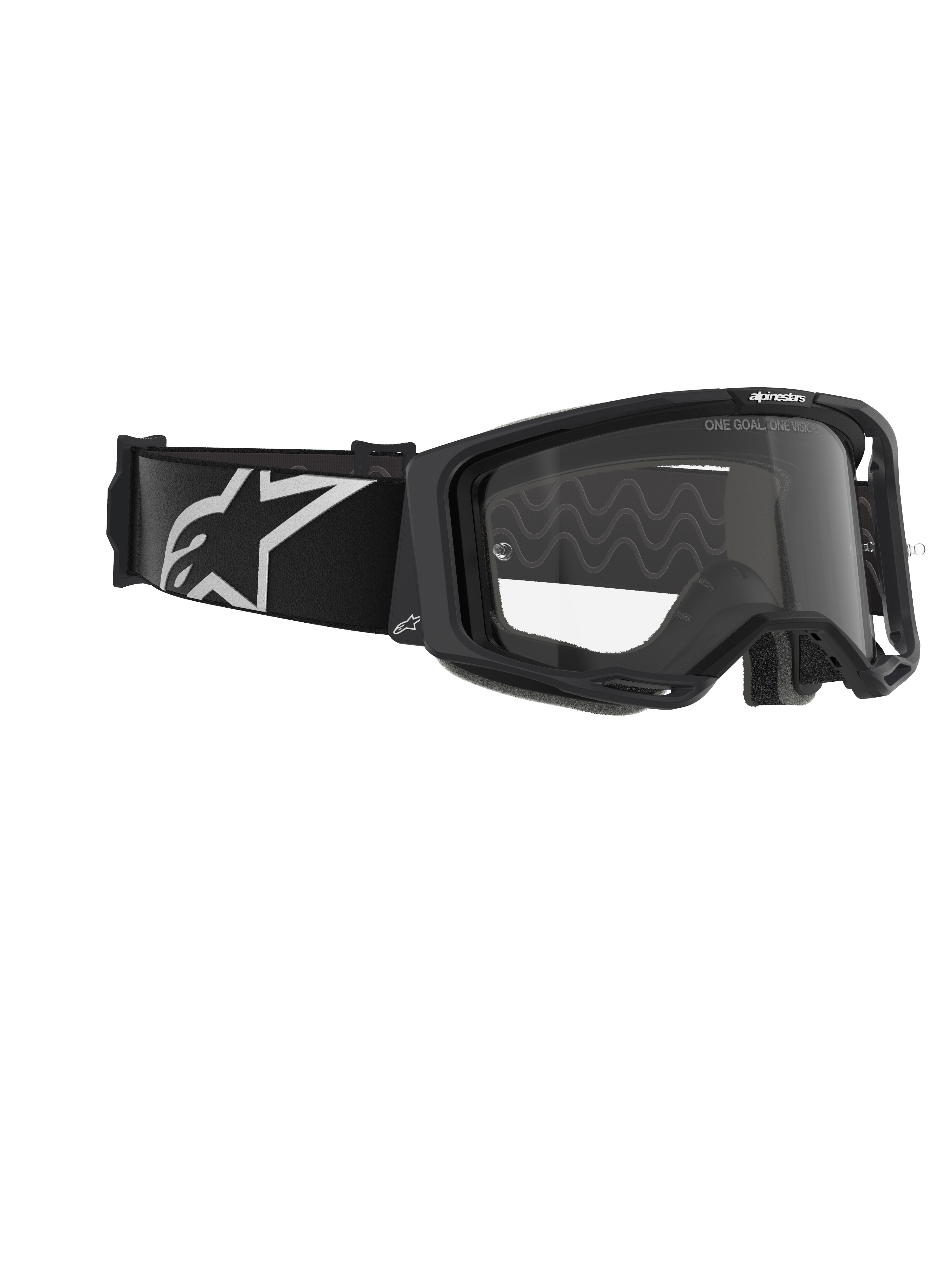 Gafas Alpinestars Vision 8 Corp, gafas de motocross, montura negra con lente transparente, correa ancha tejida en negro con el logotipo A-star en blanco, protección ocular transparente con el texto 'ONE GOAL. ONE VISION.', diseño de competición profesional para rendimiento off-road
