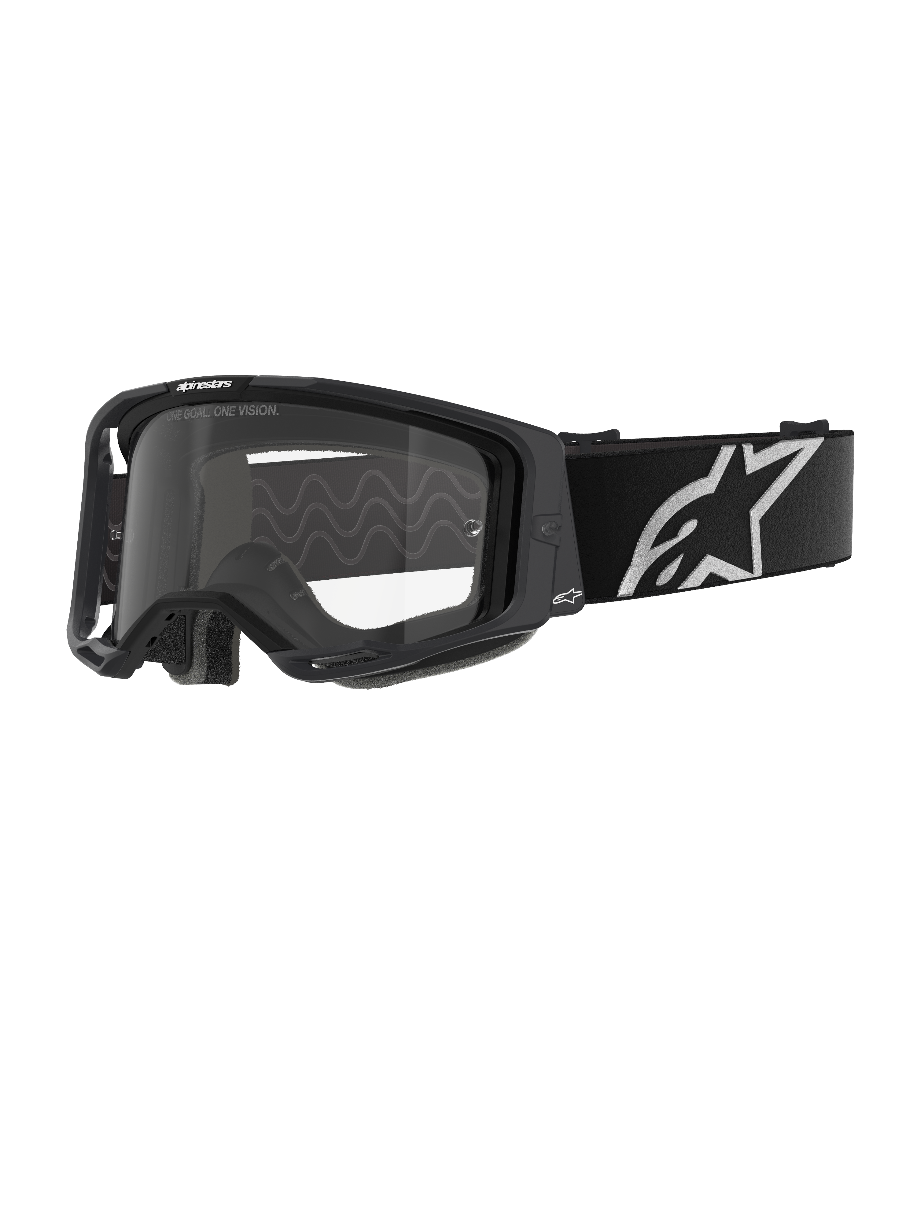 Alpinestars Vision 8 Corp, gafas de motocross, montura negra con lente transparente, correa ajustable negra ancha con el logotipo de la estrella blanca de Alpinestars, espuma facial moldeada en 3D visible, protección ocular profesional para carreras off-road