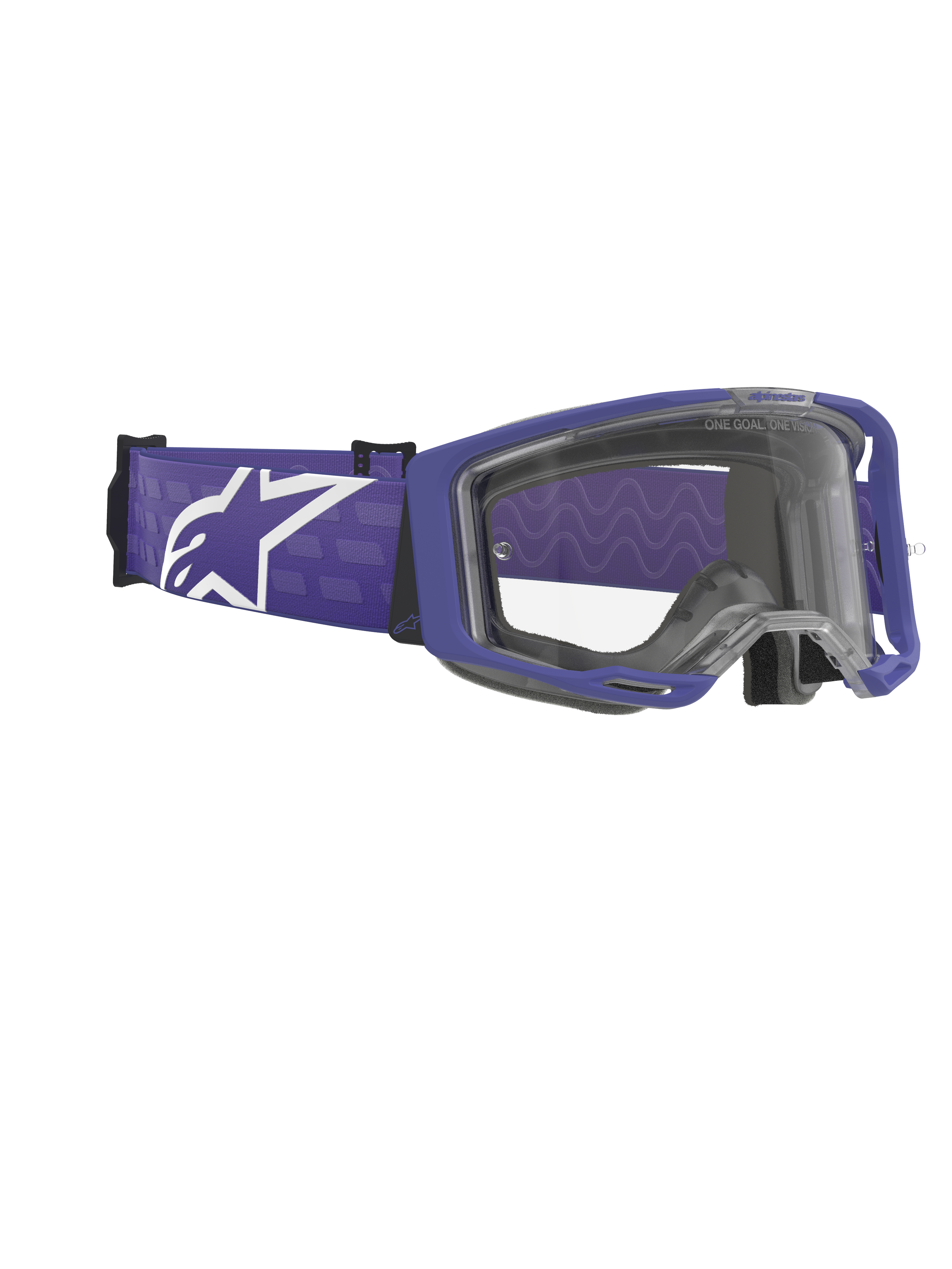 Alpinestars Vision 8 Corp Goggles, Motocross Goggles, Purple and Clear, matte purple frame with a clear lens, wide purple woven strap featuring a large white Alpinestars logo, high-performance off-road eyewear