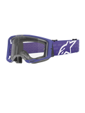 Alpinestars Vision 8 Corp Goggles, Motocross Goggles, Purple and Clear, featuring a purple A-FLEX frame and clear lens, purple strap with large white star logo, wide field of view, designed for off-road racing performance