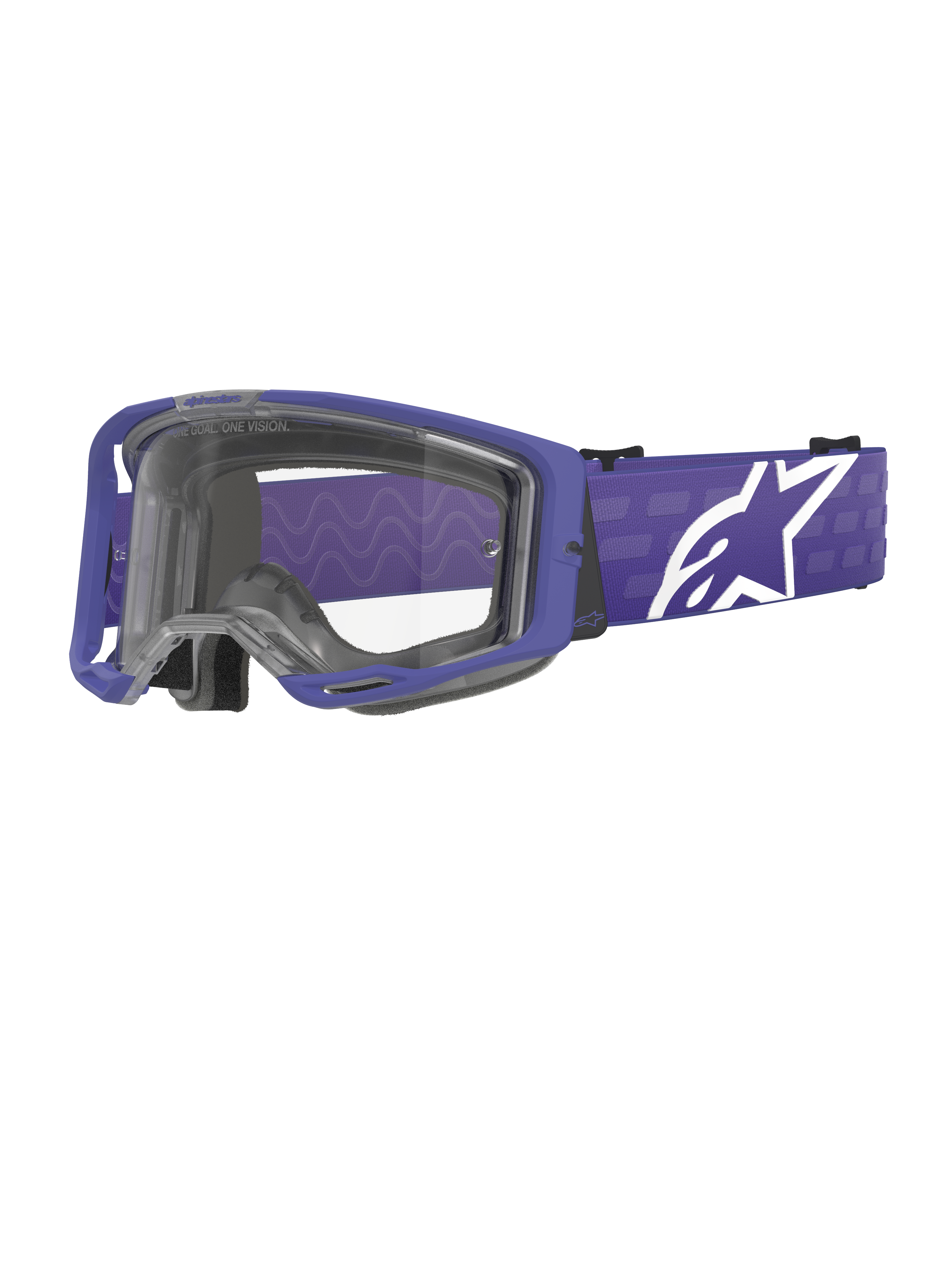 Alpinestars Vision 8 Corp Goggles, Motocross Goggles, Purple and Clear, featuring a purple A-FLEX frame and clear lens, purple strap with large white star logo, wide field of view, designed for off-road racing performance