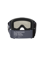 Alpinestars Vision Sand Goggles, Motocross Goggles, Black and Gray, Rear view showing the wide gray strap with 'Alpinestars One Goal. One Vision.' text, black multi-layer face foam, and dark smoke lens, off-road desert riding gear