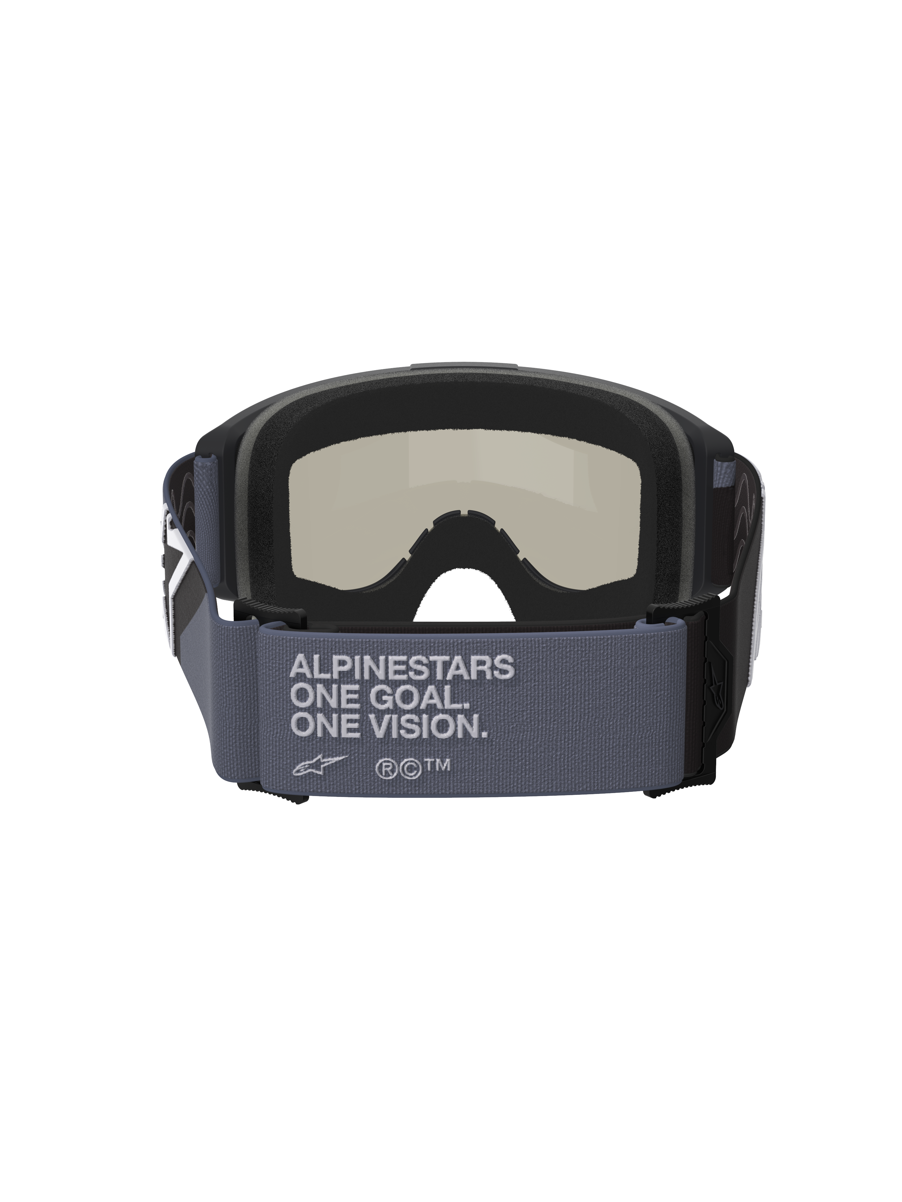 Alpinestars Vision Sand Goggles, Motocross Goggles, Black and Gray, Rear view showing the wide gray strap with 'Alpinestars One Goal. One Vision.' text, black multi-layer face foam, and dark smoke lens, off-road desert riding gear