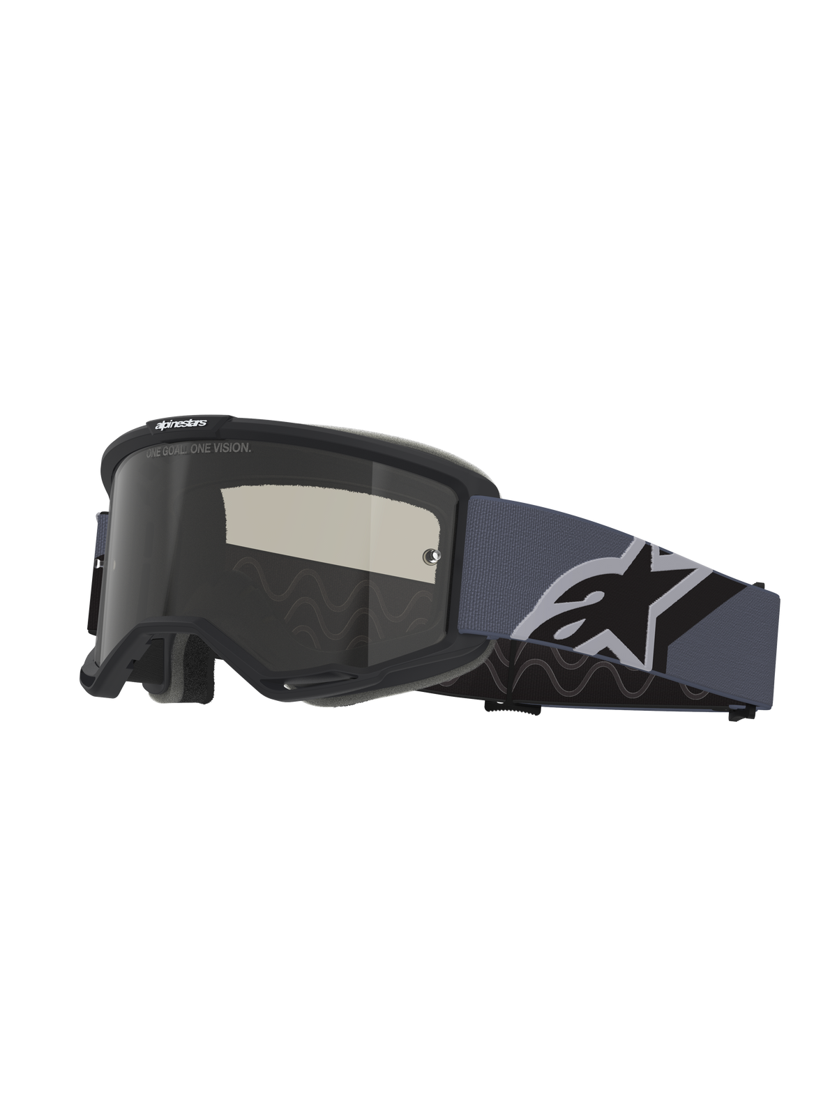 Alpinestars Vision Sand Goggles, Motocross Goggles, Black and Gray frame with Dark Smoke lens, wide blue-gray strap featuring a large black and white Alpinestars logo, protective eyewear for off-road and desert riding