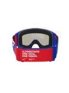 Alpinestars Vision Sand Goggles, Blue Red and White, rear view featuring a red strap with white 'ALPINESTARS ONE GOAL. ONE VISION.' text, blue frame with thick black foam padding, dark smoke lens visible from the inside, high-performance motocross goggles