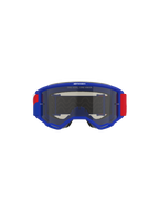 Alpinestars Vision Sand Goggles, Blue frame with Red and White strap accents, Dark Smoke tinted lens, featuring 'ONE GOAL. ONE VISION.' slogan on the top, high-performance motocross eyewear designed for desert and off-road protection