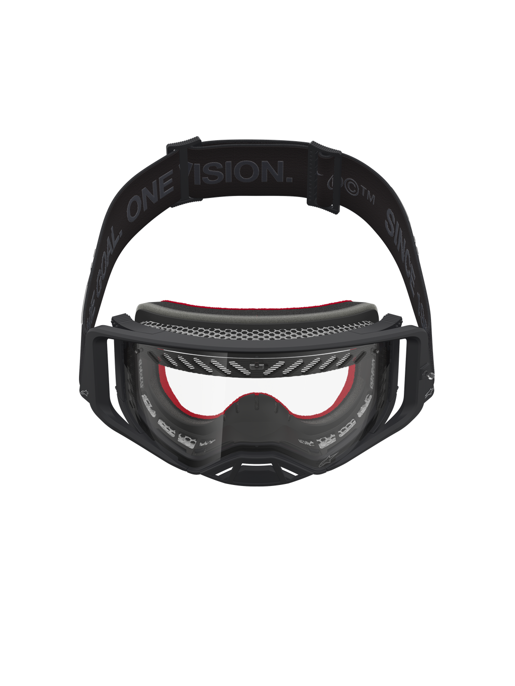 Alpinestars Supertech Vesta Goggles, black and red motocross goggles with clear polycarbonate lens for off-road racing.